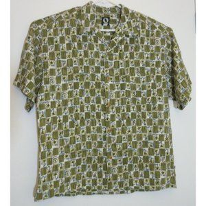 QUE Mens Short Sleeve Palms Trees Fish Green Hawaiian Fishing Rayon Shirt M